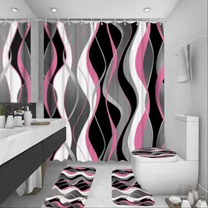 4-piece set with a pink wavy stripe design, including an elegant shower curtain set, non-slip bath mat, U-shaped rug, and toilet seat cover. Perfect for bathroom decoration, partitioning, and enhancing the space. Bathroom Decoration Accessories