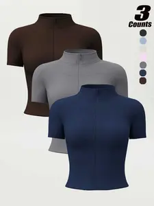 Women's Spring Summer Zipper Short Sleeve Jacket, Gym Jacket, High Stretch Quick Dry Yoga Top, Stand Collar Running Sports Outerwear