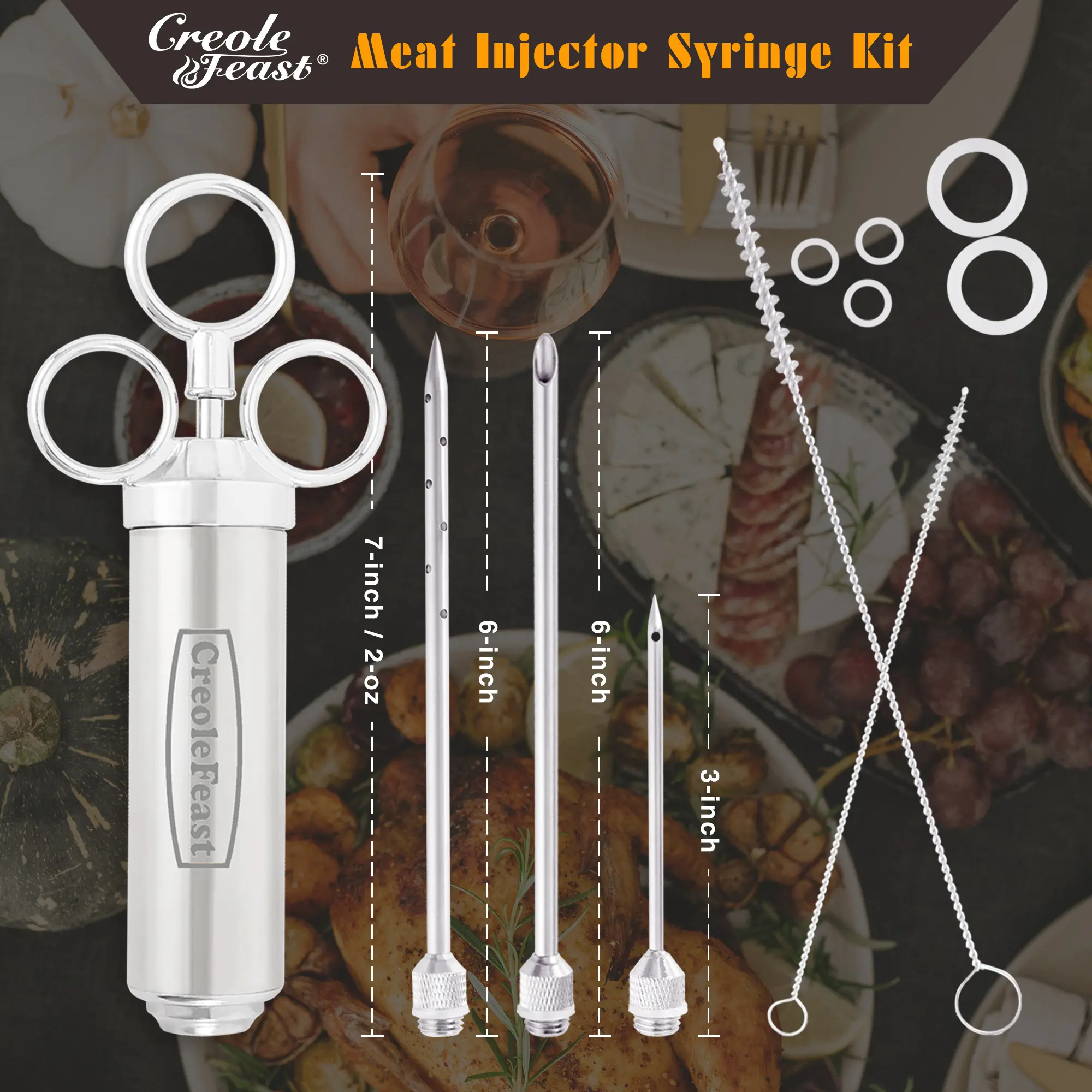 Creole Feast IS1001 Stainless Steel Meat Injector Syringe Kit, 3 Marinade Injection Needles for BBQ, Turkey, Chicken & Steak, 2 oz BBQ Tool for Grill and Smoker Cooking, Silver accessories