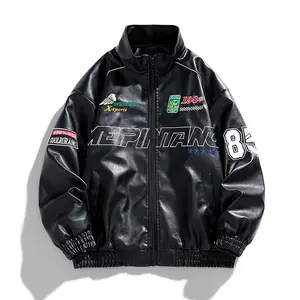 Unisex street-style racing jacket with letter embroidery, stand collar, elastic hem, PU leather motorcycle outerwear, casual jacket