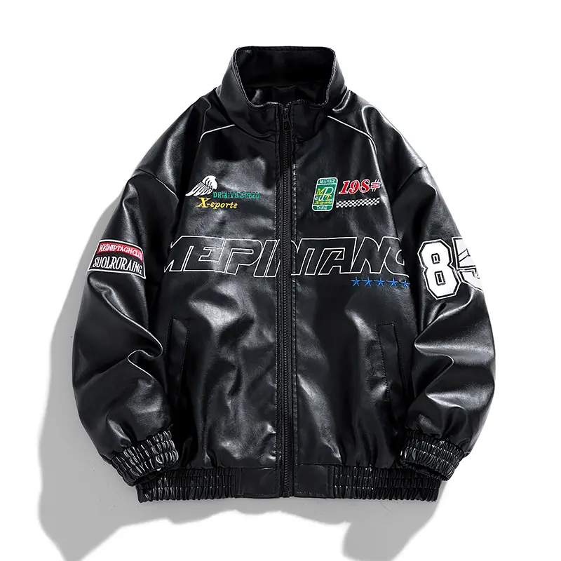 Unisex street-style racing jacket with letter embroidery, stand collar, elastic hem, PU leather motorcycle outerwear, casual jacket Black Menswear
