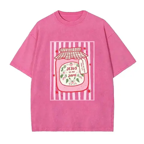 Women's Loose Fit Casual Christian Graphic T-Shirt - Soft Short-Sleeve Round-Neck Pink Washed Top, Jesus Is My Jam Strawberry Jar Graphic, "Make His Mercy Known" Tagline