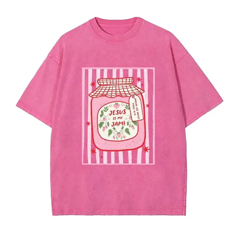 Women's Loose Fit Casual Christian Graphic T-Shirt - Soft Short-Sleeve Round-Neck Pink Washed Top, Jesus Is My Jam Strawberry Jar Graphic, "Make His Mercy Known" Tagline