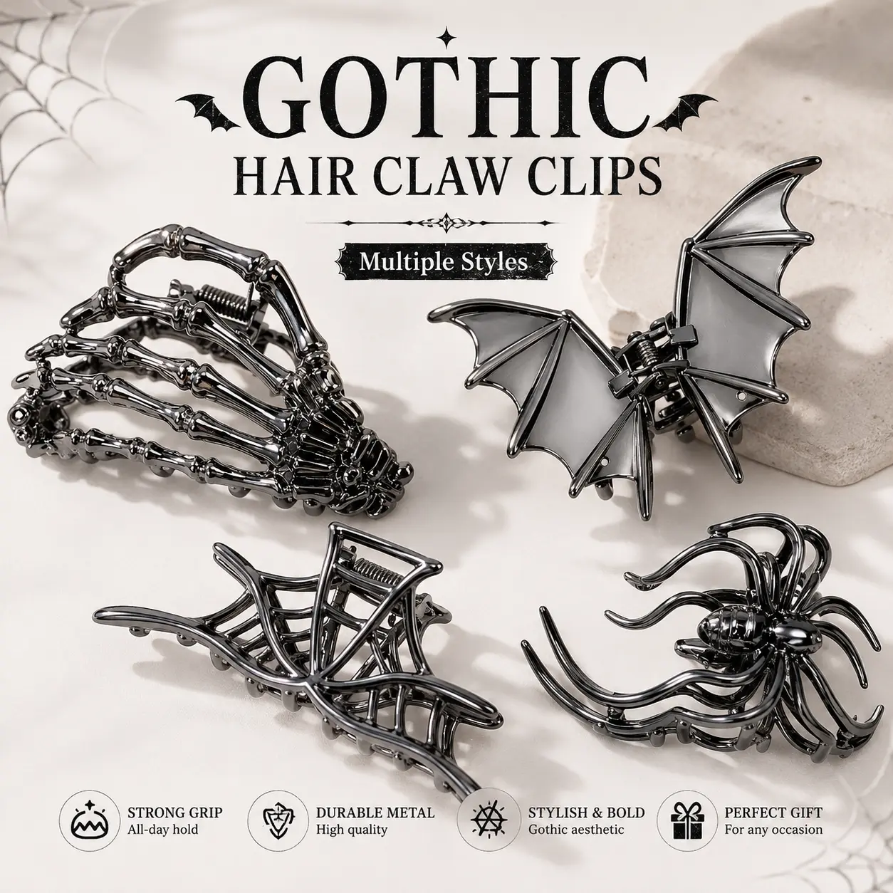 Gothic Hair Claw Skeleton Hair Clip Bat Hair Clip Spider Hair Clip Gothic Hair Clip Black Metal Hair Claw for Women Girls Everyday Wear Gift