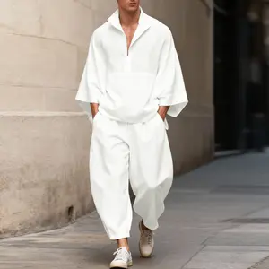 INCERUN Mens Cotton Linen Set V Neck Kimono Shirt Harem Pants Loose Vacation Outfit