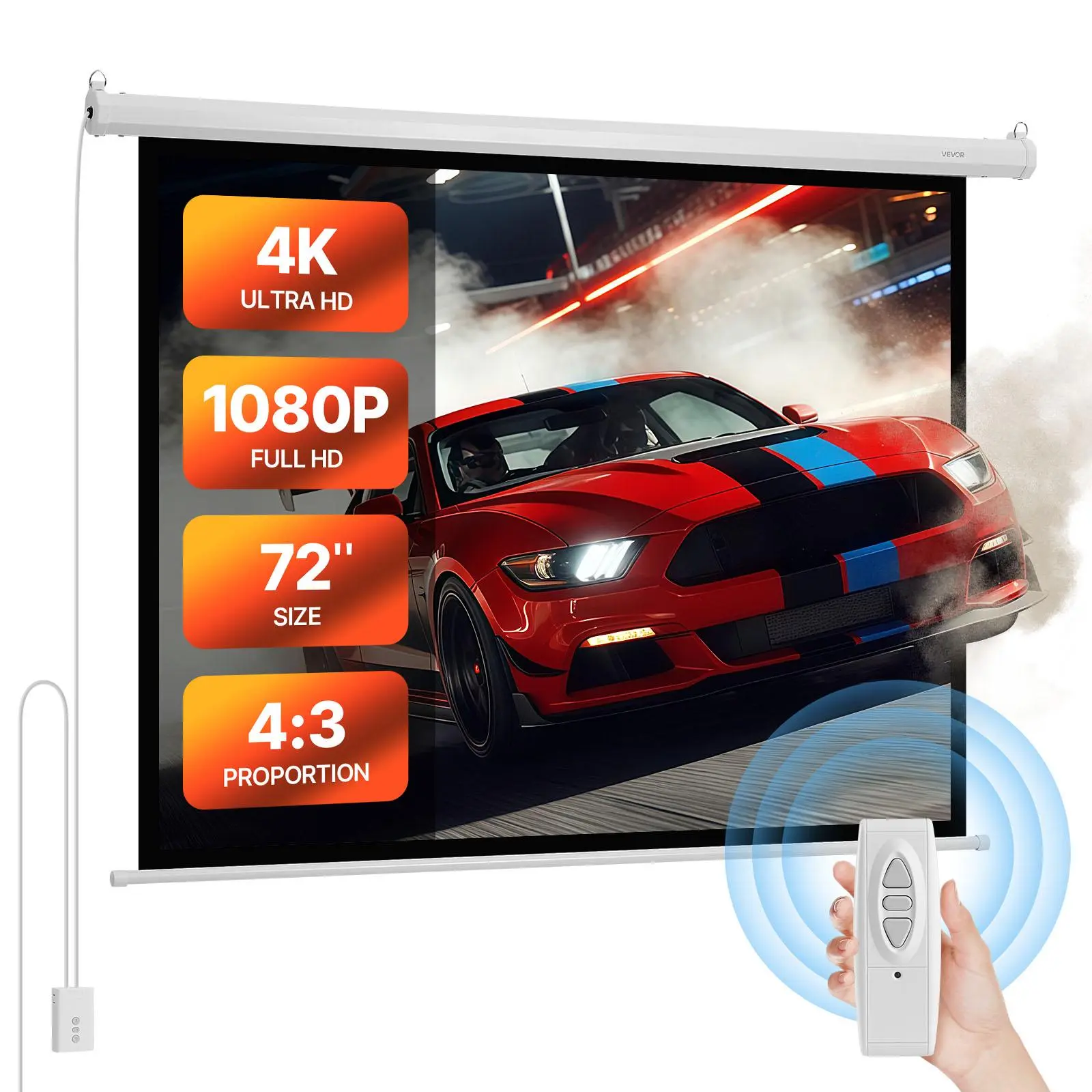 【Summerfinds】VEVOR Wired & Wireless Motorized Projector Screen, 72 in 4:3 1080 HD Electric Wall-Mounted Display with Remote + Touch Control, 160° Wide-Angle, for Projector Movie Night, Watch Party Use, Home Cinema