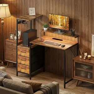 HLFURNITURE Gaming Desk with LED Ambient Lighting, Home Office Computer Desk, Compact Study Desk with Storage Drawers and Shelves leather Bamboo
