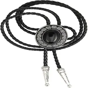 Handmade Western Cowboy Bolo Tie with Round Black Pendant – Classic and Elegant Accessory for Any Occasion
