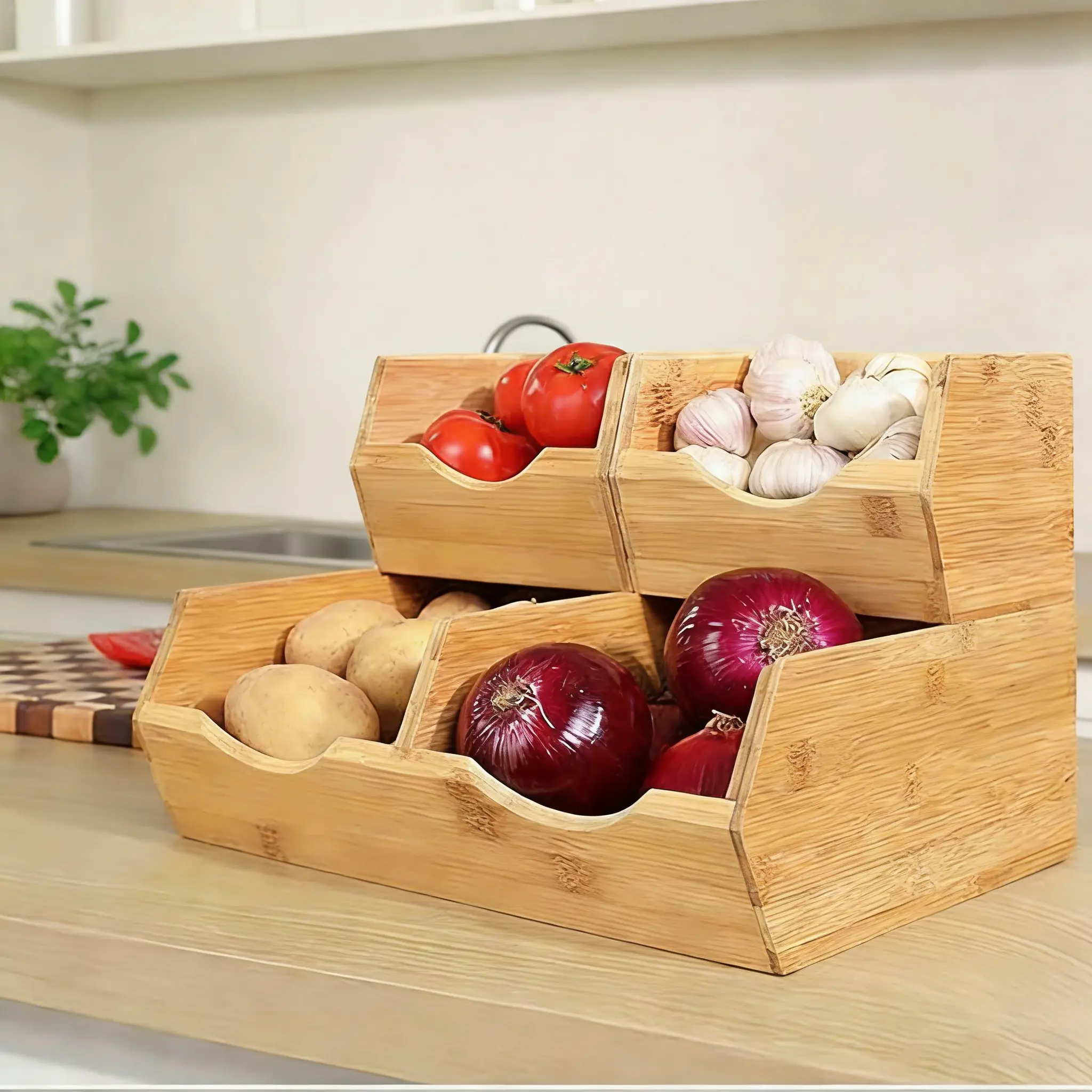 Bamboo Kitchen Storage Boxes with Cutout - 3-Piece Stackable Bins for Pantry, Countertop Organizer, Potato & Onion, Fruit & Vegetable Storage, Bamboo Wood