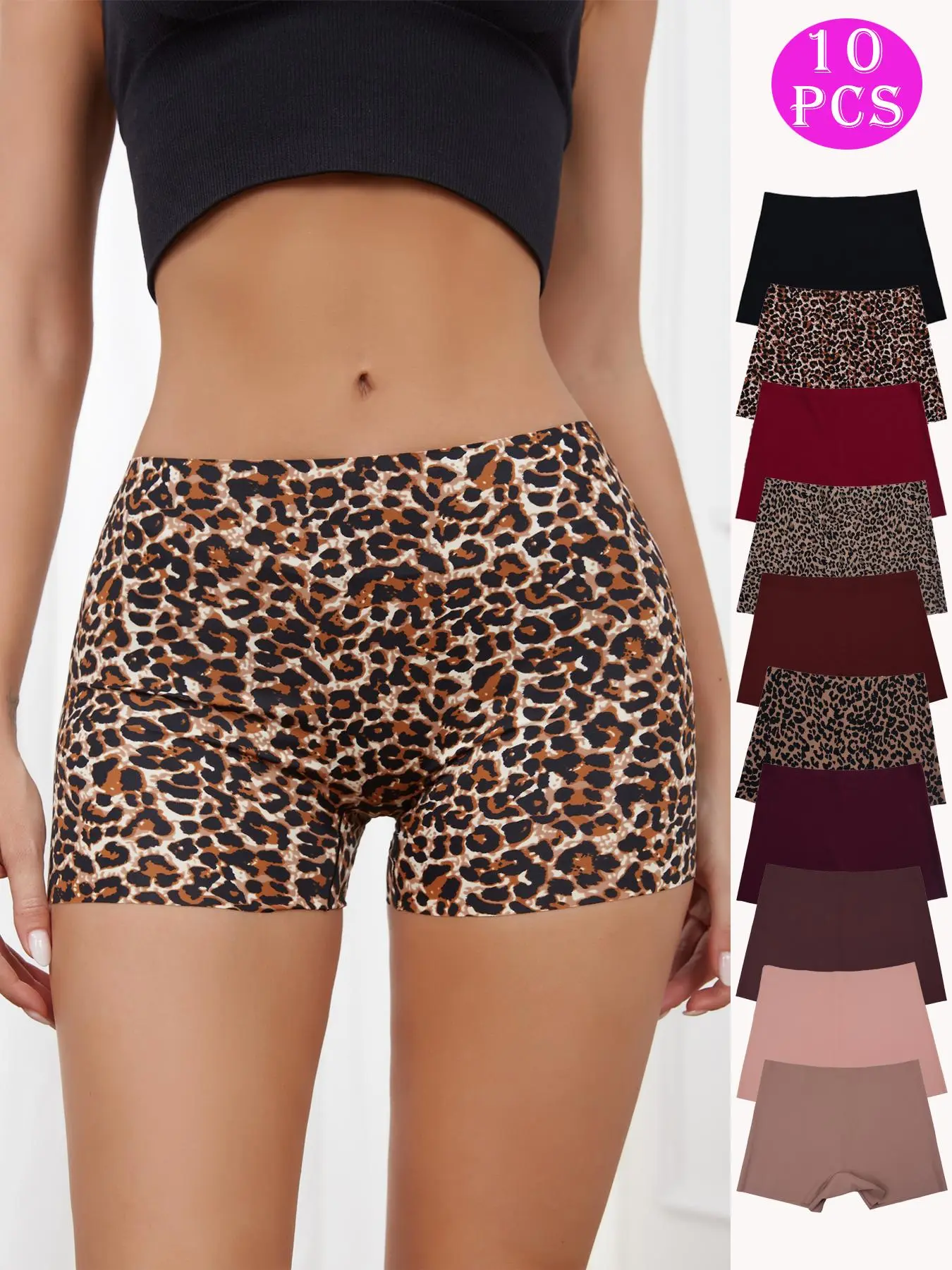 Women's Leopard Print Seamless Design Boyshorts, Casual Solid Color Natural Waist Panties Set, Comfy Breathable Casual Fitted Underwear for Women, Soft Breathable Panty