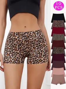 Women's Leopard Print Seamless Boyshorts, Casual Solid Color Natural Waist Panties Set, Comfy Breathable Underwear for Women, Soft Breathable Panty