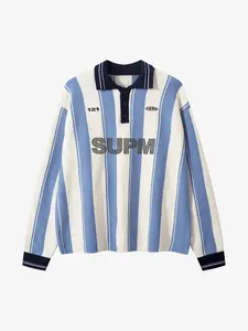 Retro Striped Polo Collar Sports Jersey Knit Sweater