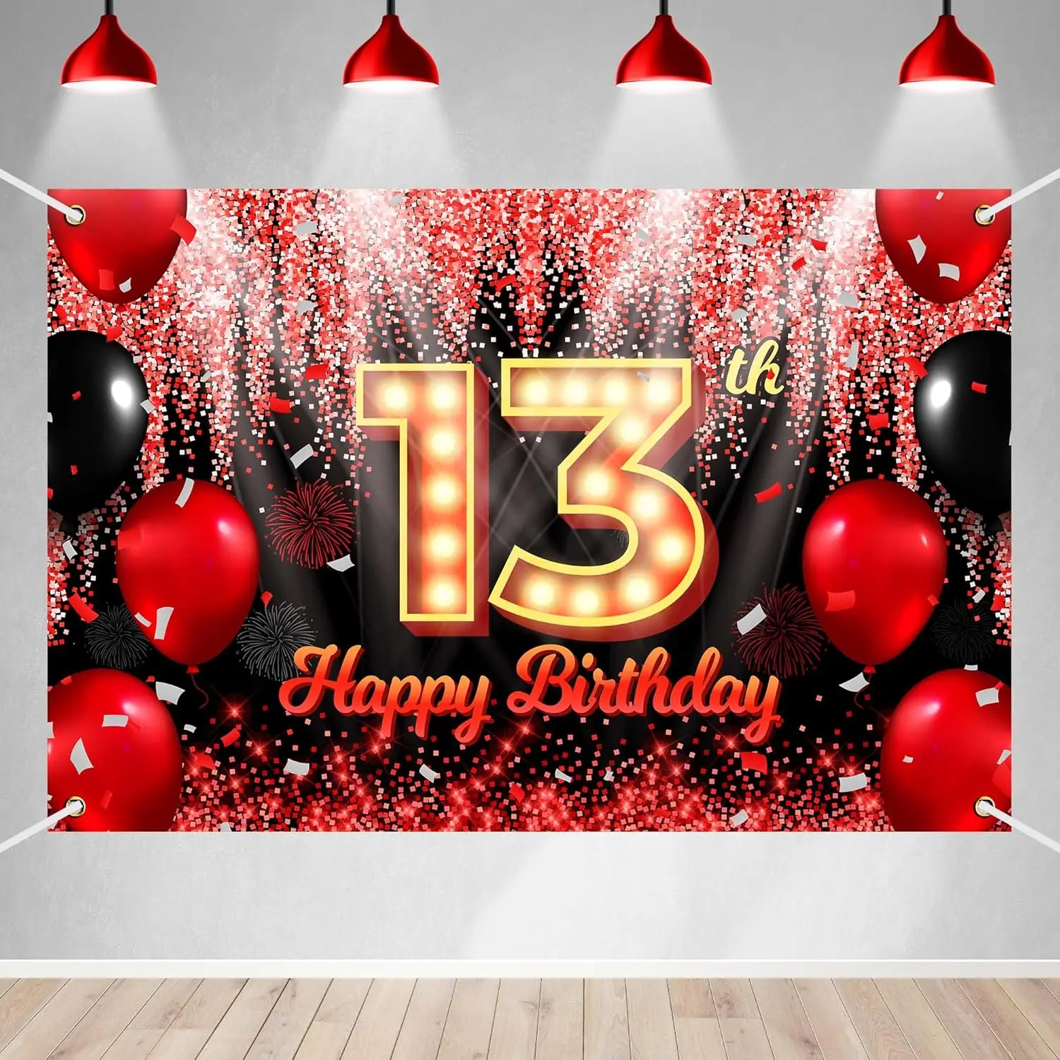 Happy 13th Birthday Backdrop Banner Black and Red Theme Background with Neon Shiny Fashion Birthday Party Photo Photography Prop Booth Background for Boys Girls Celebration 70.8x47.2in-