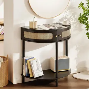 【Spotlight Day】VEVOR Half-moon Rattan Console Table with 2 Drawers, Rattan Entryway Table with Natural Rattan Sliding Door, Console Table with Storage for Living Room, Study, Entryway Or TV Wall, Black