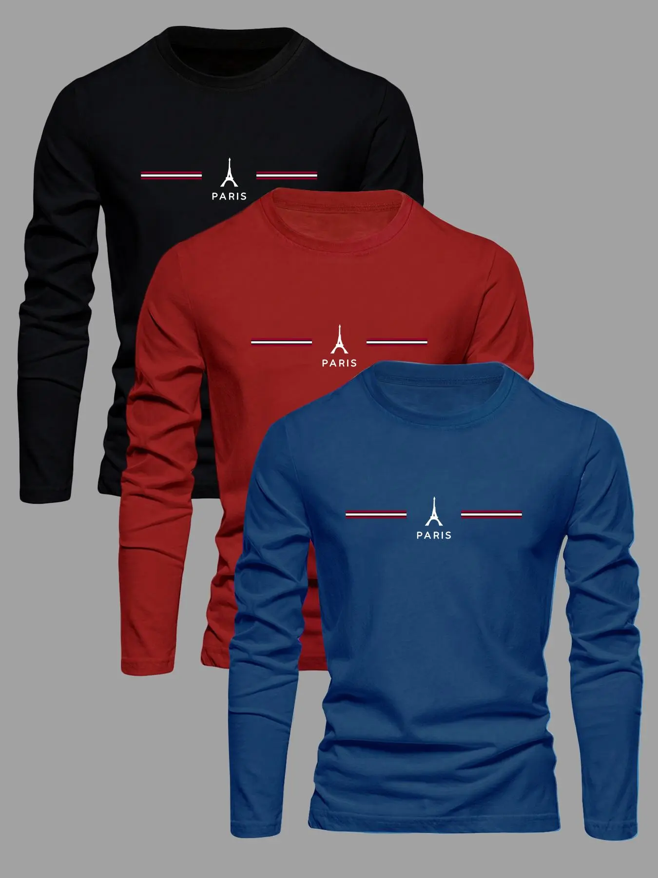 Men's Solid Color Eiffel Tower Paris & Letter Print Round Neck Tee, Regular Fit Casual Comfy Long Sleeve Crew Neck T-shirt for Daily Wear, Men's All-Match Top for Spring & Fall