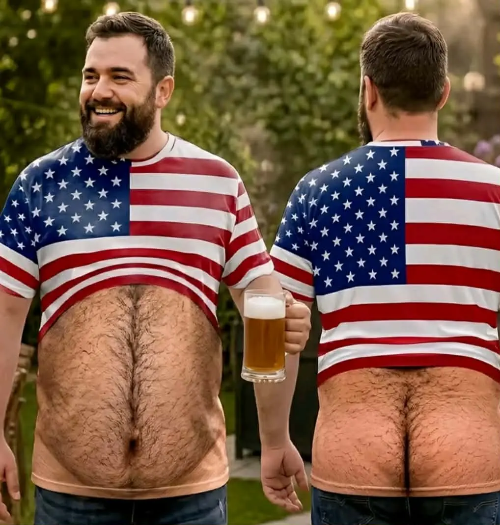 Funny Hairy Body Patriotic USA Flag en T-Shirt for Men Women, hg  3D Printing Hairy Chest Graphic Tee, Novelty Gag Gift Shirt for Men, Party Outfit