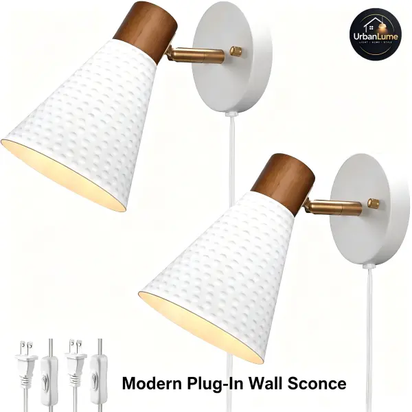 Modern Plug-In Wall Sconce - Wooden Wall Lamp with Hammered Metal Shade, Corded Indoor Lighting Fixture for Bedroom, Living Room night light room hallway ambient decor