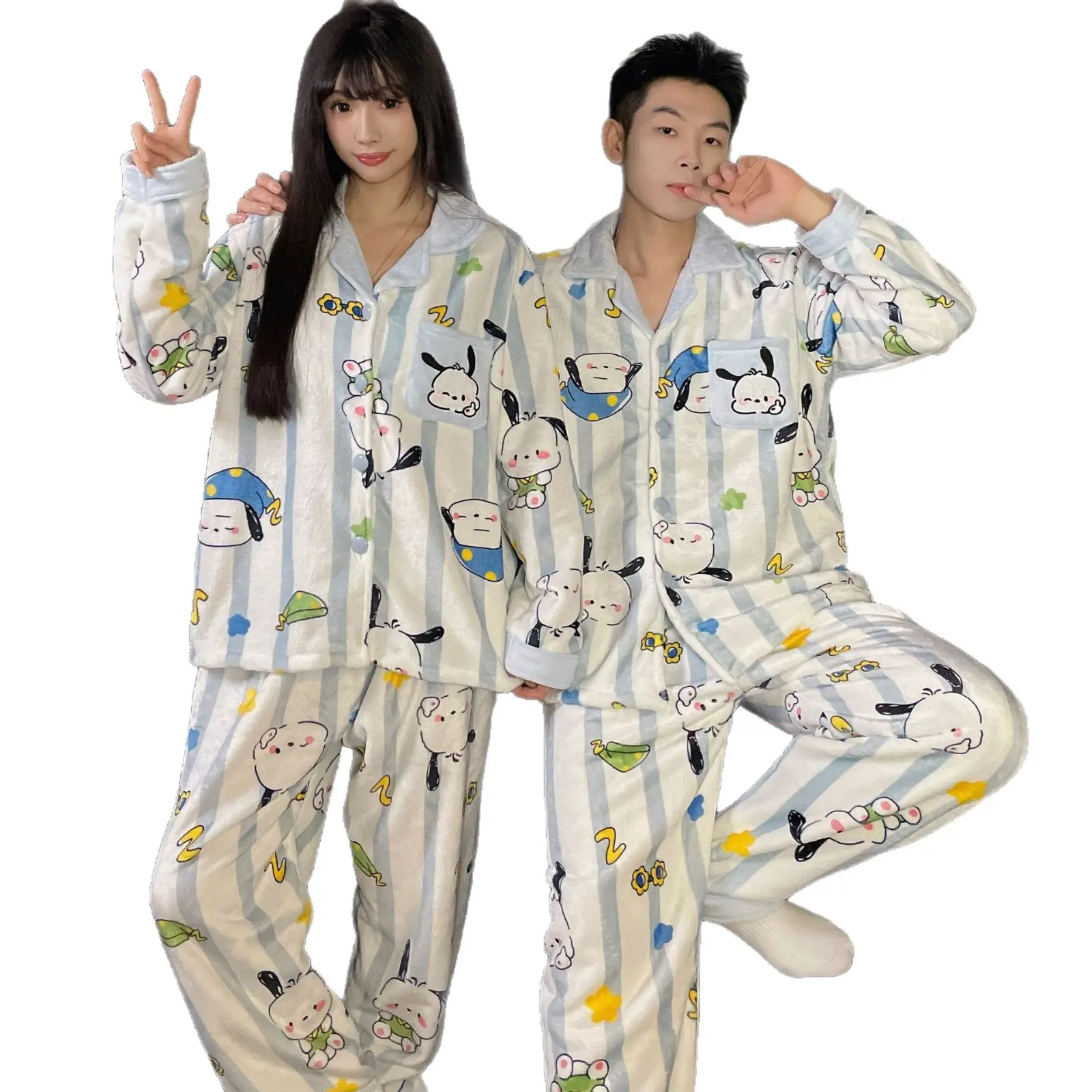 Couples' 2-Piece Matching Pajama Set - Kawaii Pachamaruko Dog Print, Warm Coral Fleece Flannel Long Sleeve Top & Trouser Winter Sleepwear, Cute, Casual, Comfortable, Matching Sets, Thick Coral Fleece, Character-Themed