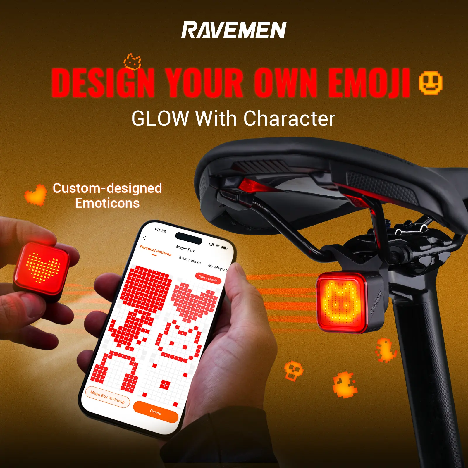 RAVEMEN NT401 Smart DIY Bike Tail Light | Custom Emoji & GIF Display | Brake Detection | Auto On/Off | App Control | Group Sync | IPX6 | USB-C | 25g