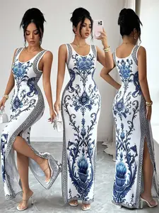 Elegant Printed Chinese Style Belted Split Hem Luxurious Chic Vintage Middle Eastern Uae Robe Gowns, New Arrival Print Dress Clothes
