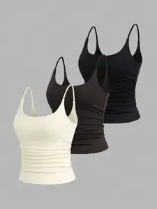 Women's Ruched Camisole Tank Top, Slim Fit Spaghetti Strap Cami, Y2K Inspired Summer Crop Top, Soft Stretchy Layering Basic Shirt, Casual Sexy Going Out Top