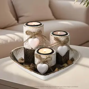 3-Piece Wooden Candlestick Set with Heart Tray & Tea Light Holder, Rustic Farmhouse Style, Natural Wood, Perfect for Christmas & Home Decor, Home Accessories
