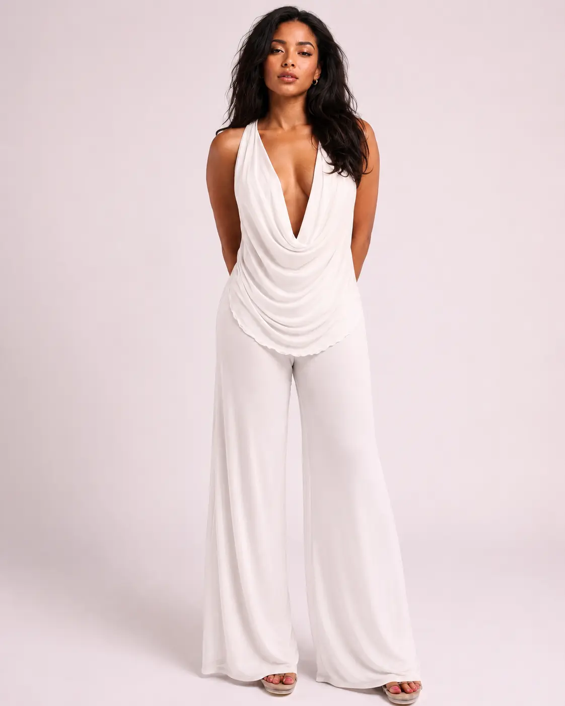 Women's Aphrodite 2-Piece Draped Cowl-Neck Sleeveless Pants Set - Sheer Elastic Mesh Fabric, Elegant Evening Going Out Outfit, Hang Dry | Womenswear Suits & Sets, Outfits, 2 Piece Sets Women