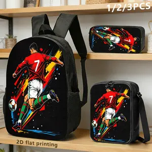 This 1/2/3-piece backpack, shoulder bag, and pencil case set is durable, has a large capacity, and multiple compartments. It features a vibrant soccer player print and a dynamic design, making it an ideal choice for daily commutes, studying, or travel.