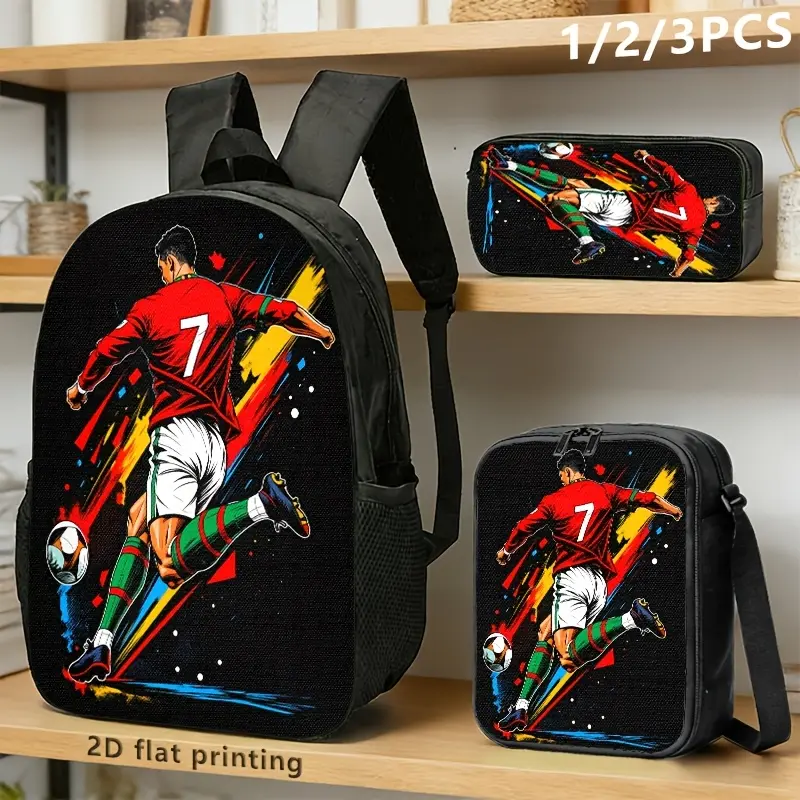 Boys' 3-Piece Backpack Set with Insulated Lunch Box & Pencil Case, Casual Oxford Schoolbag with Soccer Print, Casual Backpack