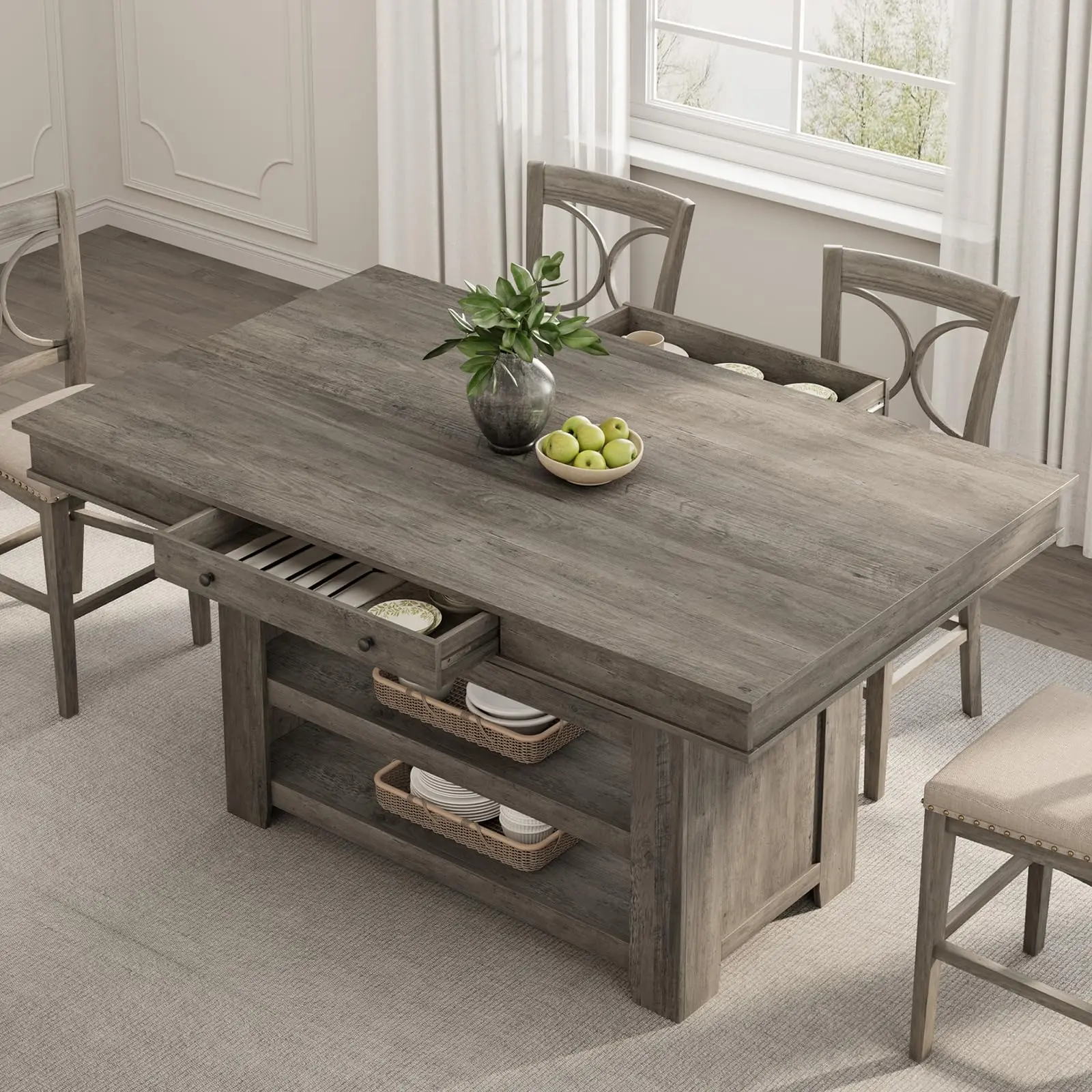 Counter Height Dining Table for 4-6, Wood Bar Height Tall Kitchen Table with Deepened Wine Rack & 2 Drawer & Shelves, Thick Large Table Top for Kitchen, Bar, Heavy Duty, Retro Gray