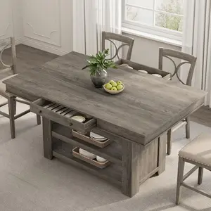 Counter Height Dining Table for 4-6, Wood Bar Height Tall Kitchen Table with Deepened Wine Rack & 2 Drawer & Shelves, Thick Large Table Top for Kitchen, Bar, Heavy Duty, Retro Gray