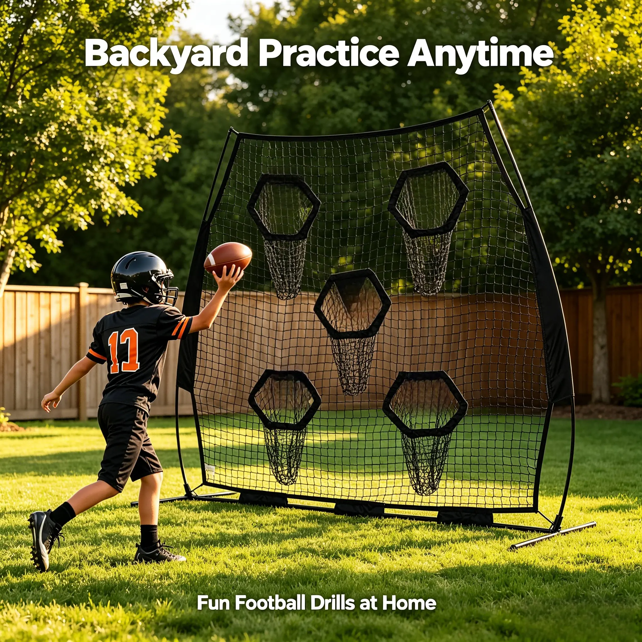 7x7 Football Throwing Practice Net | 5 Target Pockets Knotless QB Training Net | Portable All Weather Football Trainer with Carry Bag for Backyard Park Gym Team Solo Drills
