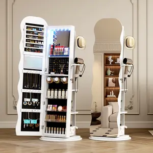 LVSOMT 360° Swivel Jewelry Armoire with Wavy Mirror, Lockable Jewelry Organizer Mirror Full Length, Rotatable Standing Mirror with Storage, Jewelry Cabinet, Interior Mirror, Flodable Shef White