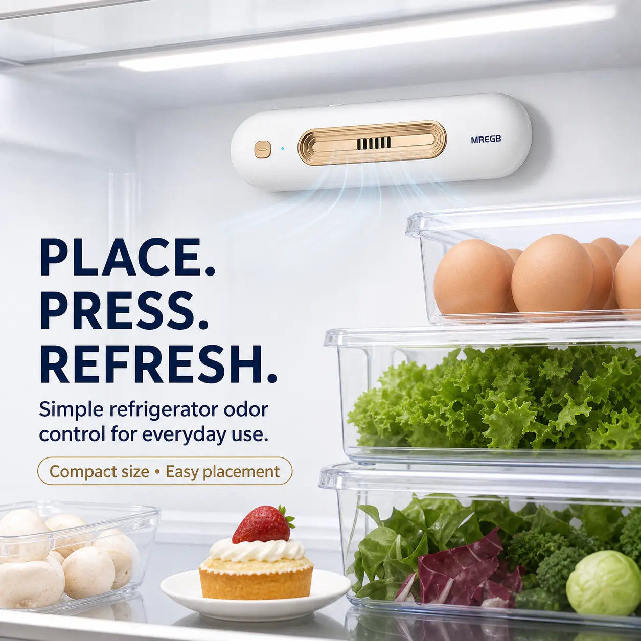 MREGB 5W Cordless Rechargeable Refrigerator Deodorizer - Portable USB Mini Air Purifier with Dual Mode, Anti-Bacteria Wardrobe/Closet/Shoe Cabinet Odor Eliminator, Plastic-Free Reusable Baking Soda Alternative, Travel