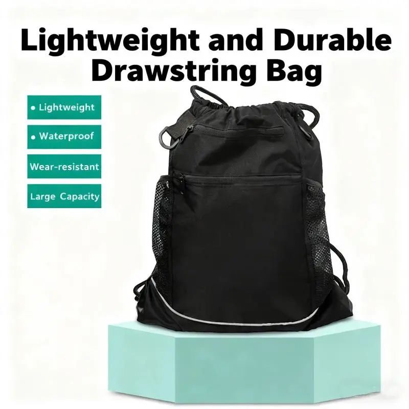 Jusenda Sporty Waterproof Drawstring Backpack - Outdoor Fitness Bag with Basketball Pouch, Polyester, Easy Access, Mesh, Multi-Function for Gym, Hiking