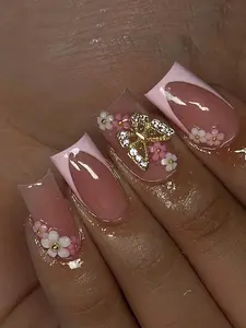 24pcs Short Square Pink French Press-On Nails, Cubic Bow Flower & Rhinestone Design, Nail Set with Jelly Gel & File