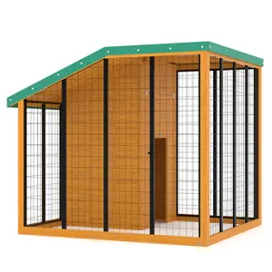 Large Dog Kennel with Galvanized Steel Roof, Outdoor Dog House with Feeding Door, Locking Gate, Water/Food Tray, Cedar Wood Shelter for Backyard