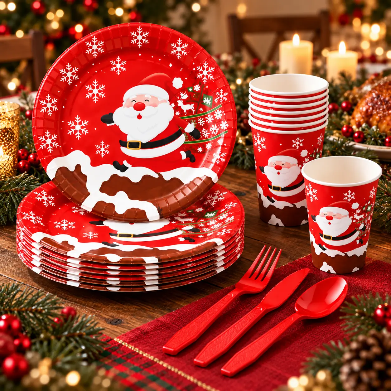 Festive Christmas 60-Piece Set with Santa Snowflake Designs Paper Plates Cups & Red Cutlery for Holiday Parties Family Gatherings