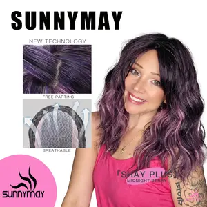SHAY Plus - New! SUNNYMAY breathable bionic scalp 18-inch mid-length water wave layered midnight berry glueless synthetic wig with wispy blunt bangs for women 4×4.5 natural scalp hard silky top easy wear comfortable fit