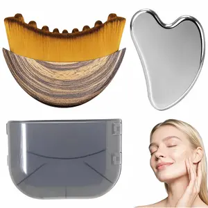 Stainless Steel Gua Sha Tool & Lymphatic Drainage Face Brush Set, Facial Massage Kit for Jawline Sculpting Puffiness Lifting Relaxation, Contour Face Brush with Storage Case