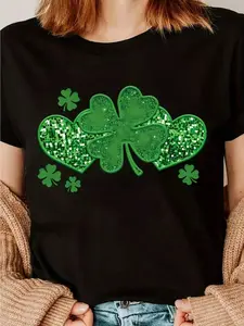 Plus Size Women'S St. Patrick'S Day Four-Leaf Clover Glitter T-Shirt |   Green Round Neck Short Sleeve with Festive Clover Design, Casual Irish Theme, Spring/Summer/Autumn, Slightly Stretchy Fabric
