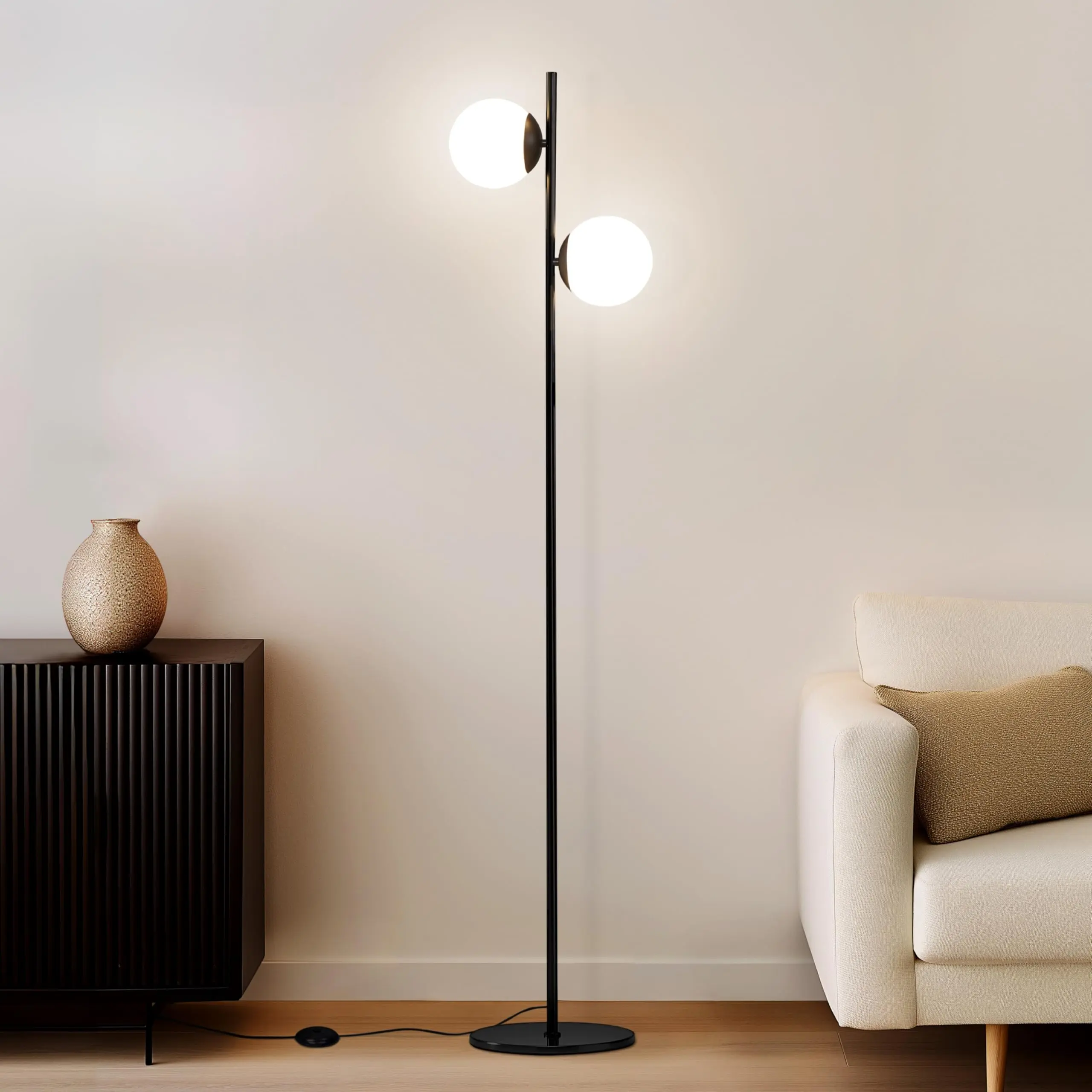 Brightech Sphere LED Floor Lamp- Contemporary Modern Frosted Glass Globe Lamp with Two Lights- Tall Pole Standing Uplight Lamp for Living Room, Den, Office, Bedroom- Bulbs Included