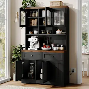 Pantry Cabinet with Charging Station, Tall Kitchen Pantry Storage Cabinet with Hutch,70.8 Inch Kitchen Cabinet with 30mm Thickened Countertop, Fluted Glass Doors, for Dining Room, Black