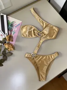 Metallic embellished stretch satin fabric cutout one-piece swimsuit, women's sexy one-shoulder bikini.