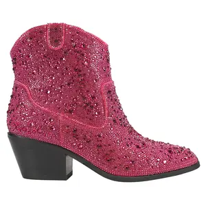 Corkys Womens Shine Bright Rhinestone Round Toe Pull On Zippered Casual Boots Ankle Low Heel 1-2" - Pink