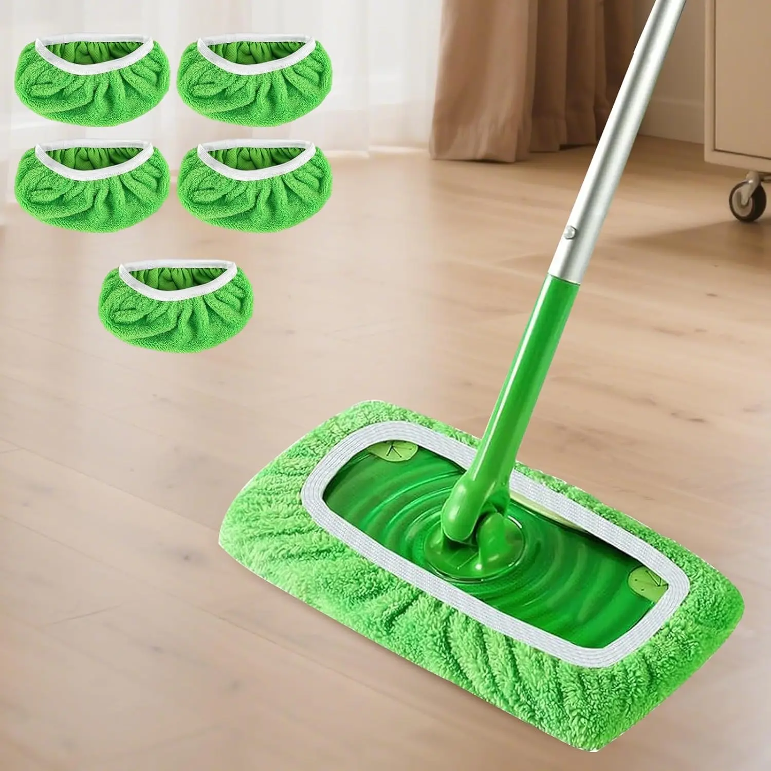 Pet Supplies 5-Pack Reusable Microfiber-Chenille Mop Heads, 10-12 in Absorbent Cleaning Replacements - Removable, Machine Washable, Easy Care, Quick Dry-Ups for Hardwood Floors (Green), Microfiber Mop Heads