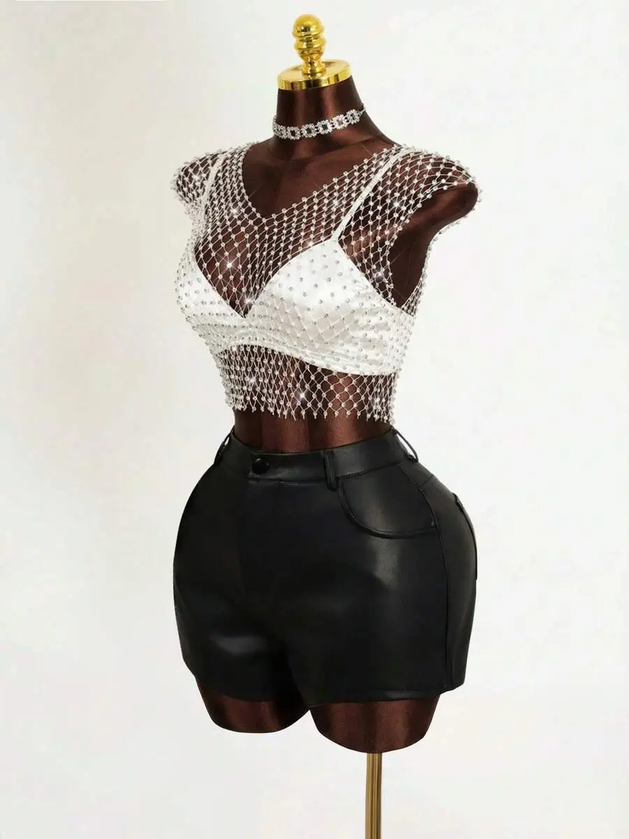 Mistrie Women's Rhinestone Fishnet Cropped Top,White Summer 70's Music Festival Party Disco,Elegant Shiny Mesh Sparkly See Through Silver Sequin Top