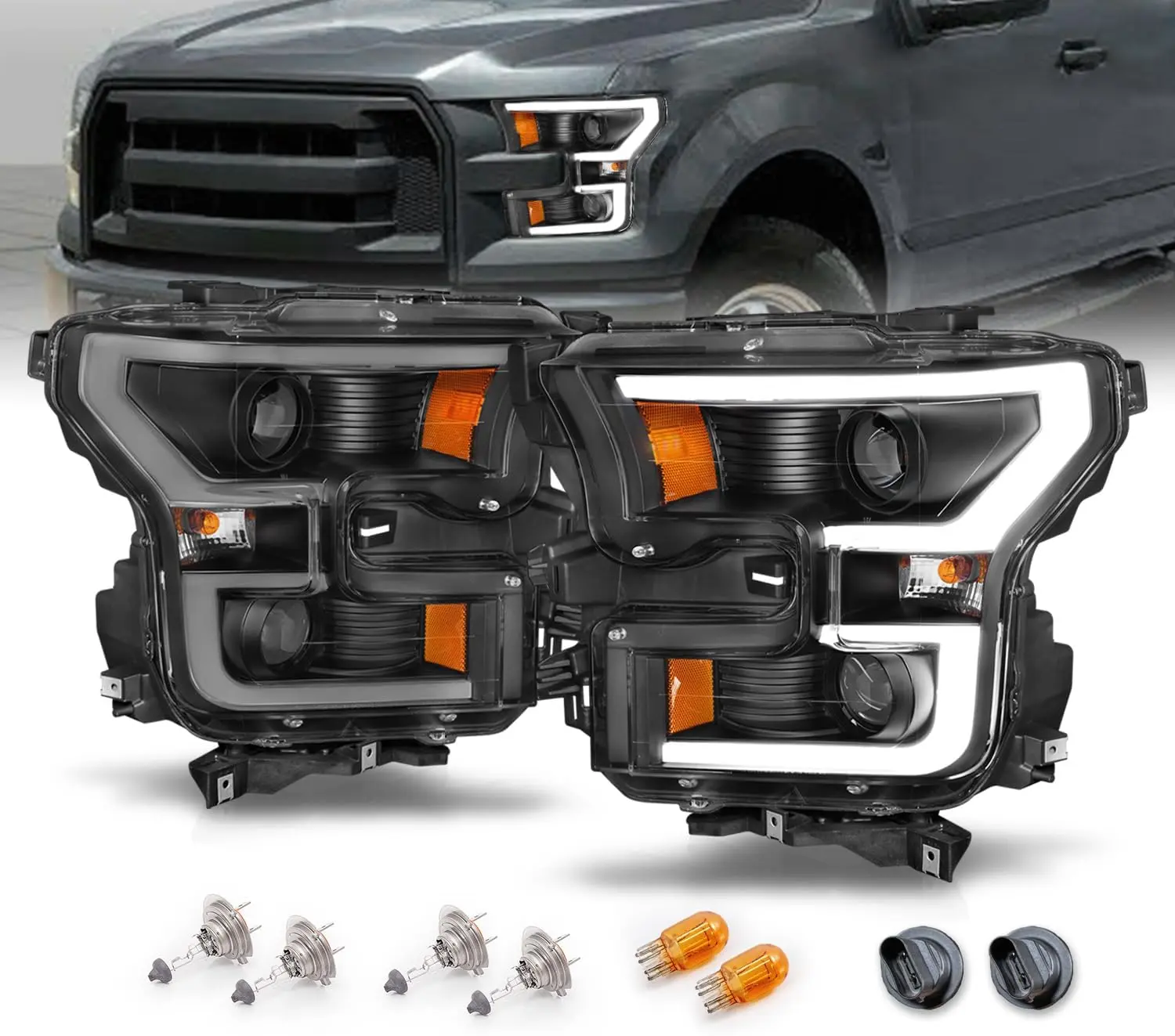 AmeriLite for 2015-2017 Ford F150 Pickup [Halogen Type] Dual LED Bar Projector Black Replacement Headlight Set - Driver and Passenger Side
