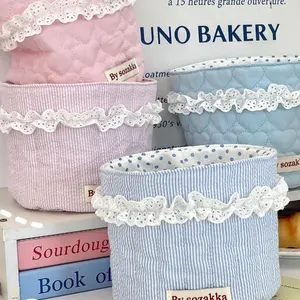 Korean-Style Quilted Fabric Storage Basket, Round Desktop Organizer Bin for Girls, Multi-Purpose Cute Container for Snacks, Cosmetics & Desk Clutter, Multipurpose Basket