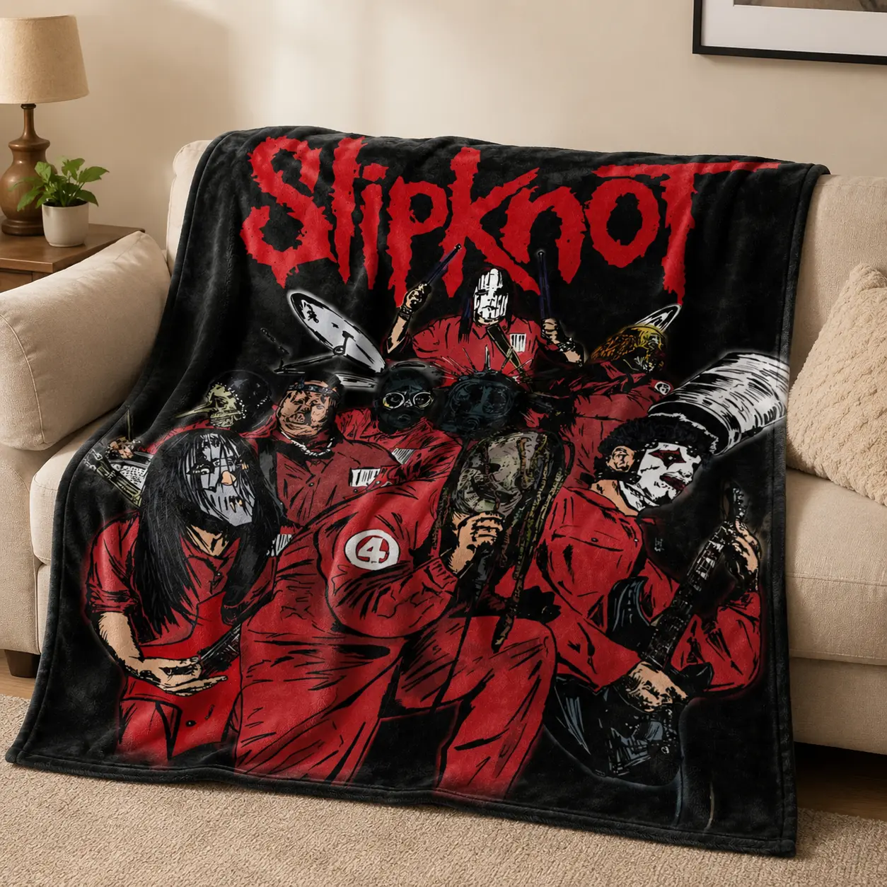 Slipknot Heavy Metal Band Flannel Blanket | Cozy Gothic Red Jumpsuit Nu Metal Throw Edgy Rock Music Merch Room Decor for Guys Teens Bed Couch Gift